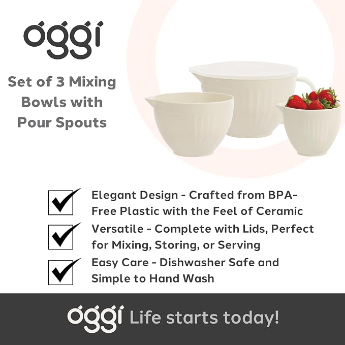 Oggi Set of 3 Mixing Bowls with Pour Spout - Nested Plastic Bowls for Kitchen, Durable Mixing Bowls with Lid Set, BPA-Free Plastic Bowls with Lid - 0.5, 1, 2 Qt