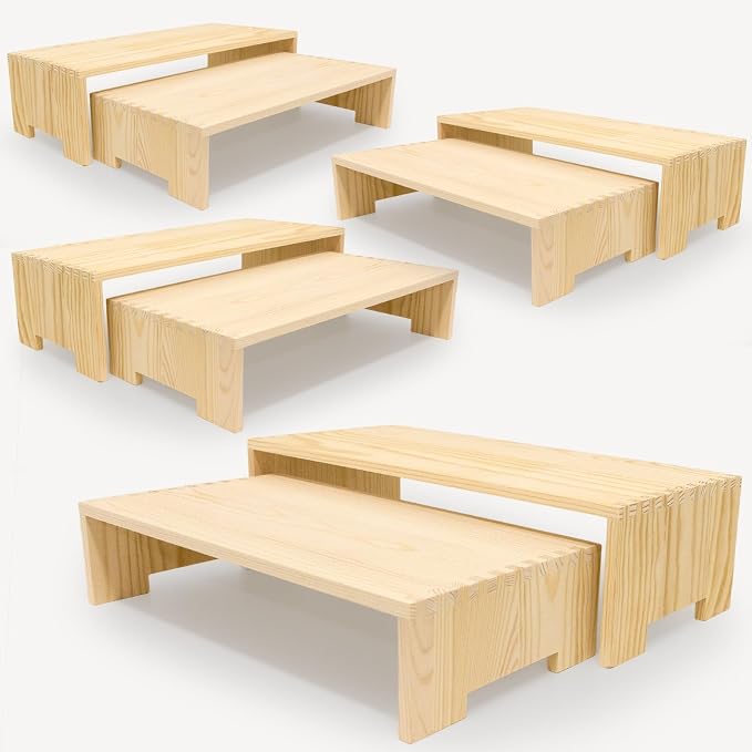 Yikaroeli 4 Set Large Wooden Display Riser Wood Risers Cupcake Display Stand 2Tiered 8Pcs Rectangular Perfume Dessert Display Stands for Vendors Event (Large/4Pack Nature)