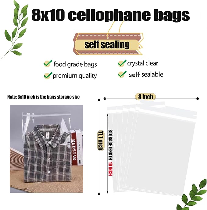 100 pcs Clear 8" x 10"(19.8*25 cm) Self Seal Cello Cellophane Bags Resealable Poly Bags 1.4 mils OPP Plastic Sleeves ,Clear bags for packaging Photos,Mats, Treats, T Shirts, Party Favors, Gifts