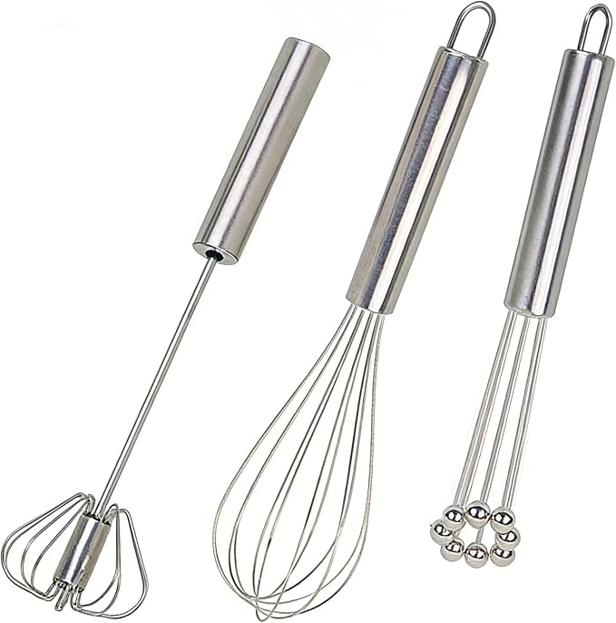 3 Packs Stainless Steel Whisk Set-Whisks for Cooking Non Scratch,Hand Push Rotary Whisk Blender,Balloon Whisk Kitchen Wisk Wire Whisks for Cooking,Whisking, Blending,Beating and Stirring