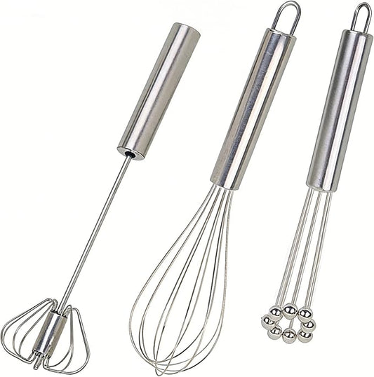 3 Packs Stainless Steel Whisk Set-Whisks for Cooking Non Scratch,Hand Push Rotary Whisk Blender,Balloon Whisk Kitchen Wisk Wire Whisks for Cooking,Whisking, Blending,Beating and Stirring