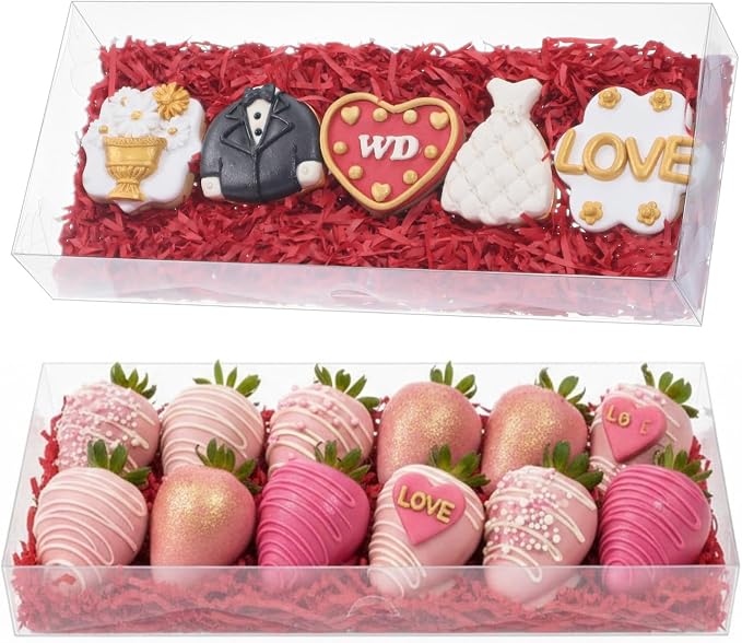RomanticBaking 24PCS 12x5x2 Inches Clear Valentines Strawberry Boxes Cookie & Macaron Gift Boxes for Party Favors