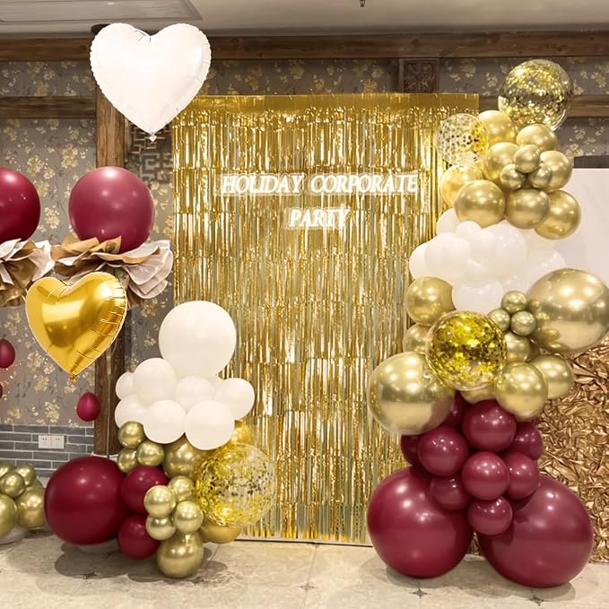 157PCS Burgundy Gold White Balloons Arch Garland Kit with Gold Fringe Curtain for Women Girls Birthday Wedding Bridal Shower Valentine's Day Party Decorations