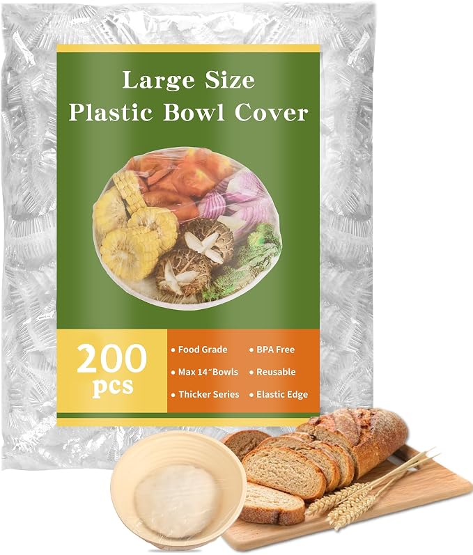200Pcs Bowl Covers Shower Caps for Sourdough Bread Proofing Large Elastic Reusable Plastic Wrap for Food Storage Baking Rising Meal-Prep Fermentation BPA-Free Keep Food Fresh (14 Inch)
