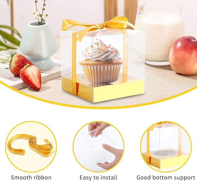24 Pcs Clear Plastic Cupcake Boxes, 3.5 Inch Single Cupcake Containers for Cake Dessert, Individual Cake Storage Holder with Ribbon Wedding Birthday Party Favor (Gold)