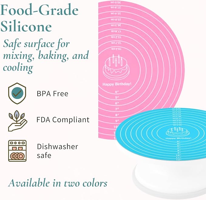Silicone Cake Mat 2Pcs 12 Inch Round Baking Mats with Measurements Reusable Turntable Pastry Mats for Rolling Dough, Cakes, Pizza, and Cookies (1, Blue)