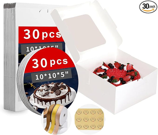 Zzrywuty White 10x10x5 Inches Cake Box with Cake Boards (60Pcs,30Pcs Boxes and 30Pcs Boards) Bakery Boxes with Clear Window for Cake,Dessert,Cookie,Birthday,Party,Wedding