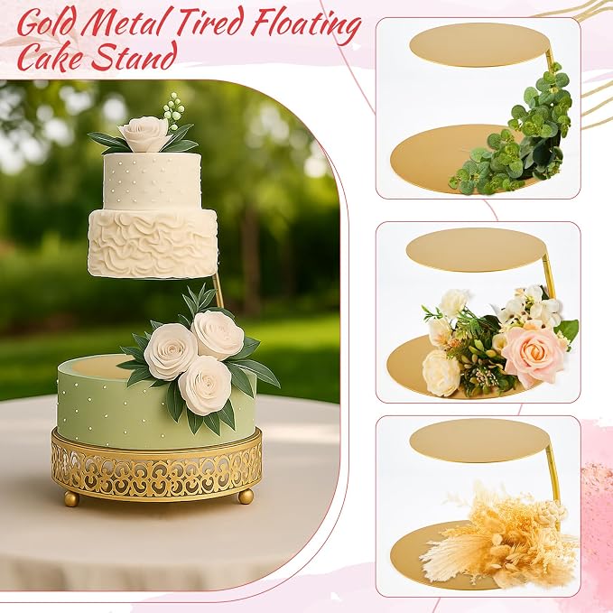 LemonRoad 2 Piece Gold Floating Cake Stand Spacer Separator, 6 8 12 Tiered Wedding Cake Stand Round Dessert Display for Birthday Centerpiece Anniversary Party Table Display Decoration(Classic)