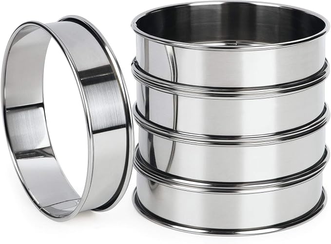 FANGSUN 4 Inch English Muffin Rings, Stainless Steel Crumpet Rings, Tart Rings for Baking, Double Rolled Nonstick Round Cake Ring, Metal Pastry Ring Mold for Dessert Food Making Tool