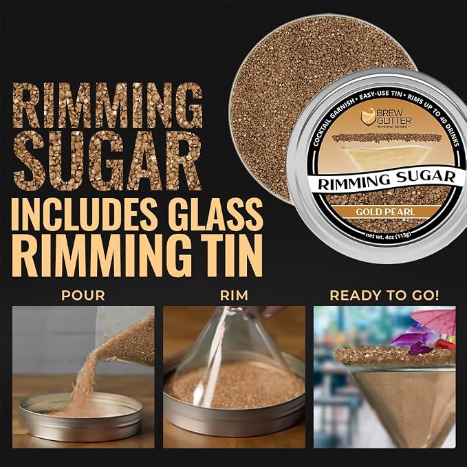 Brew Glitter - Gold Rimming Sugar (4oz, 1x Bar Tin) Cocktail Garnish for Mixed Drinks & Refreshments