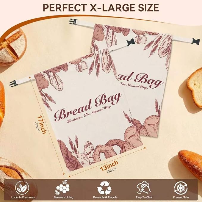 2 Pack Beeswax Bread Bags for Sourdough, Reusable Natural XL Linen Beeswax Bread Bag for Homemade Sourdough 17 x 13 Inches Freezer-Friendly Large Capacity Portable Cloth Bags Keep Bread Fresh