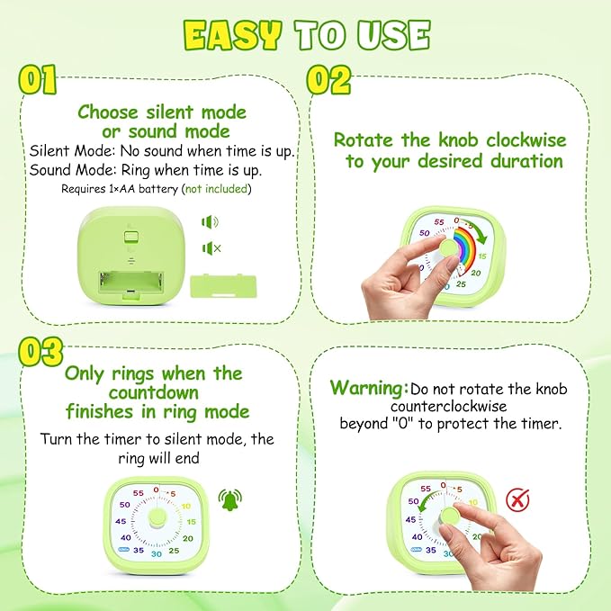 HIPPIH Visual Timer for Kids - 60 Minute Pomodoro Timers for Classroom Kitchen Office, Countdown Kids Timer Clock with Rainbow Disk, Desk Time Management Tool for Toddler with Silent Operation, Green