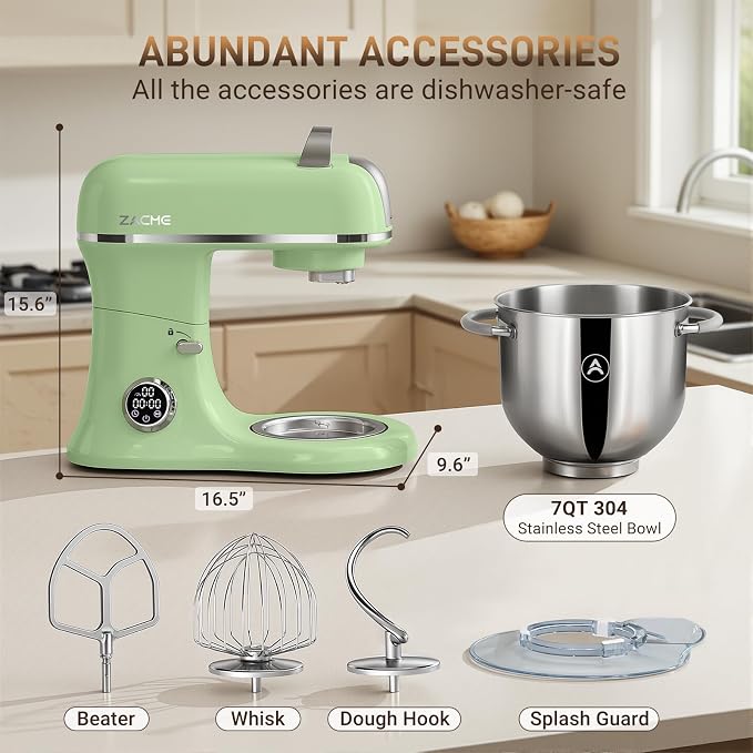 ZACME 7 Quart Stand Mixer Aluminum Die Casting, 650W 12 Speed Tilt-Head Kitchen Electric Stand Mixer, Household Food Mixer with Stainless Steel Bowl, Dough Hook, Whisk and Beater-Pistachio