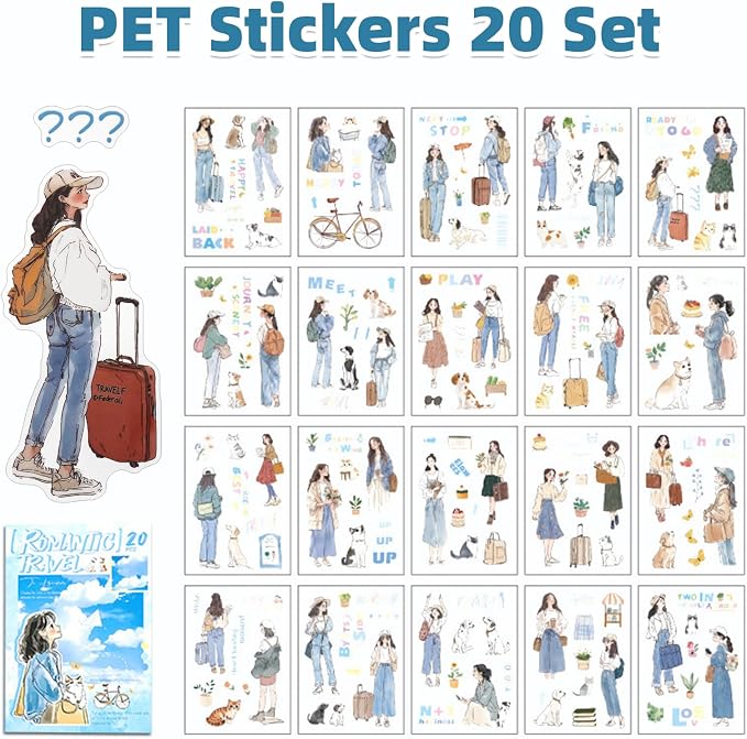 Romantic Getaway Sticker Scrapbooking Supplies for Junk Journal, 20 Sheets PET Stickers - Vintage Journaling Stickers, Ephemera Sticker Book Pre Cut(TZ-009-005)