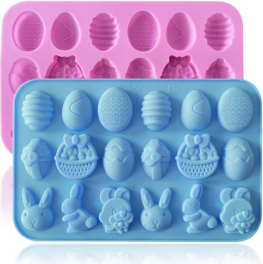 HKNMTT Easter Silicone Candy Mold 2-PACK 9 Shaped Egg Rabbit 72 Cavities Chocolate Mould Wax Melt Tray for Gummies Cupcake Decor Kids Holiday Gift Fudge Making Set