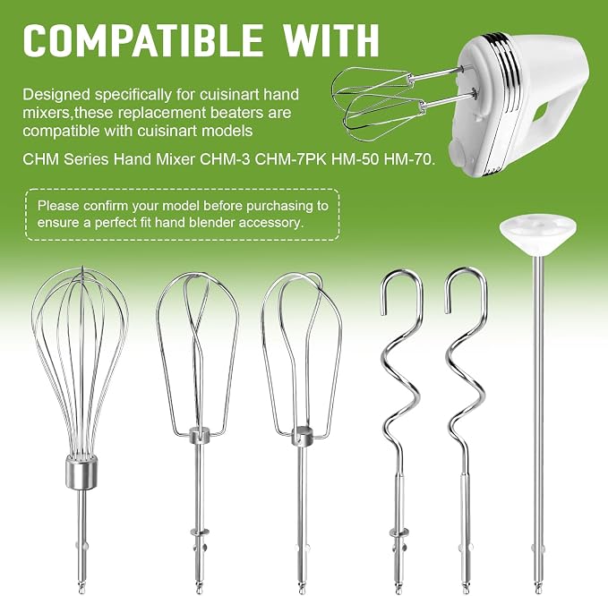 Hand Mixer Beaters Fits for Cuisinart Stainless Steel Left and Right Turbo Style Beaters,Wire Egg Whisk,Liquid Blending Rod,Dough Hooks-CHM Series Hand Mixer CHM-3 CHM-7PK HM-50 HM-70,Set of 6