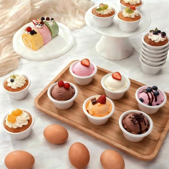 24 Pcs Ramekins 2 oz Ceramic Ice Cream Cups Oven Safe Ramekin Sauce Creme Brulee Fluted Tiny White Melamine Dipping Bowl Custard Condiment Charcuterie Bowls Round Tart Pan for Kitchen