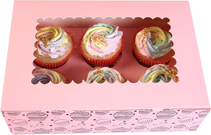 Cupcake Boxes with Insert trays (Pack of 20), Pink Cupcake Carrier, Food Grade Bakery Boxes with Windows and Inserts to Fit 6 Cupcakes Muffins or Pastries