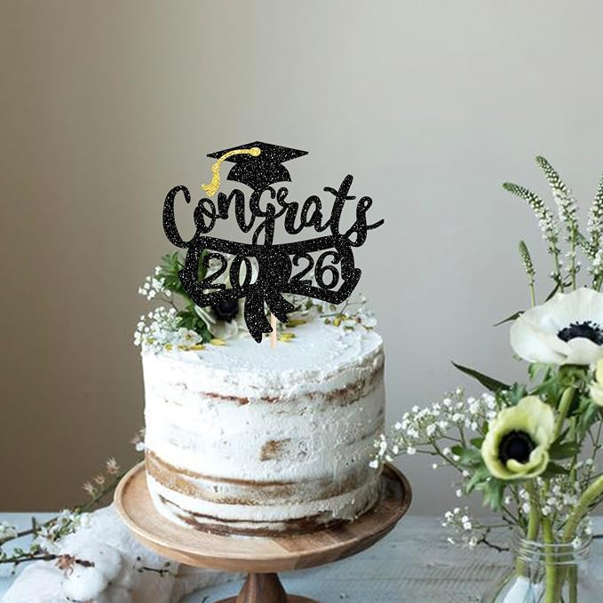 1 Pack Congrats 2026 Cake Topper Glitter Diploma Graduation Cap Cake Pick Contrats Class of 2026 Cake Decorations for 2026 Graduation Theme High School Boys Girls Graduate Party Black