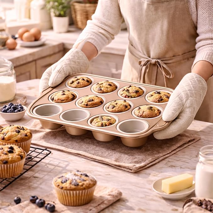 12-Cup Silicone Muffin Pans with Steel Frame, Nonstick Bakeware, Reusable Cupcake Pans with 12 Piping Nozzles & Bag for Baking | Silicone Muffin Pans for Cupcakes & Muffins