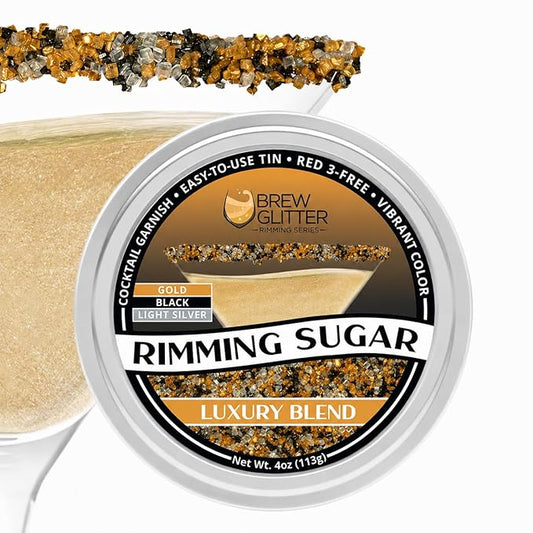 Brew Glitter Rimming Sugar Luxury Blend (Gold, Light Silver & Black) 4oz, 1x Bar Tin Cocktail Garnish for Mixed Drinks & Refreshments