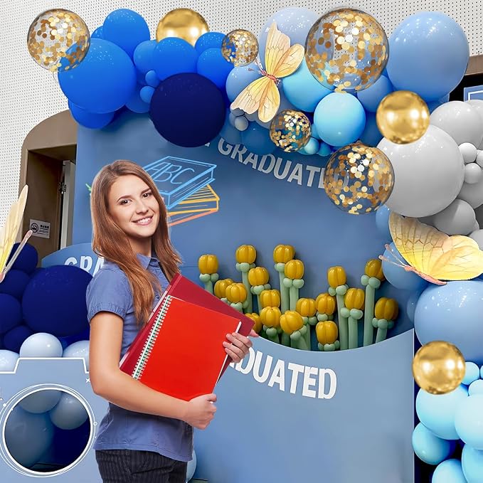 MEBAY Navy Blue White Gold Balloon Garland Arch Kit, 147PCS Royal Dark Pastel Blue White Gold Balloons with Confetti for Birthday Party Baby Shower Wedding Graduation Decorations
