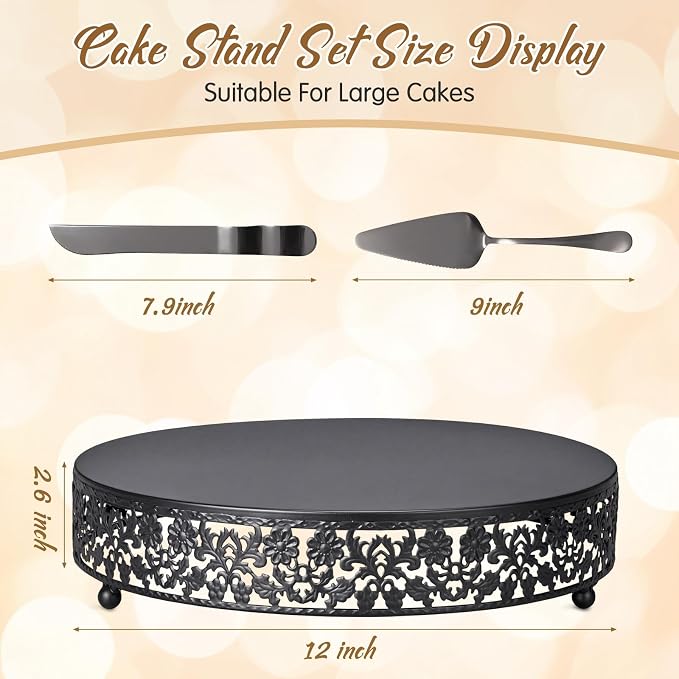 Wenqik 12 Inch Black Cake Stand Set Metal Round Cupcake Dessert Stand with Cake Cutting, Flower Spatula Wedding Cupcake Pastry Display Candy Holder Display for Wedding Party Birthday Baby Shower