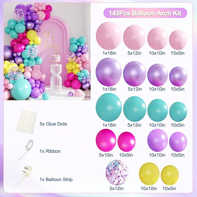Purple Blue Pink Balloon Garland Arch Kit, 143Pcs Yellow Confetti Balloons for Princess Birthday Baby Shower Valentines Decorations