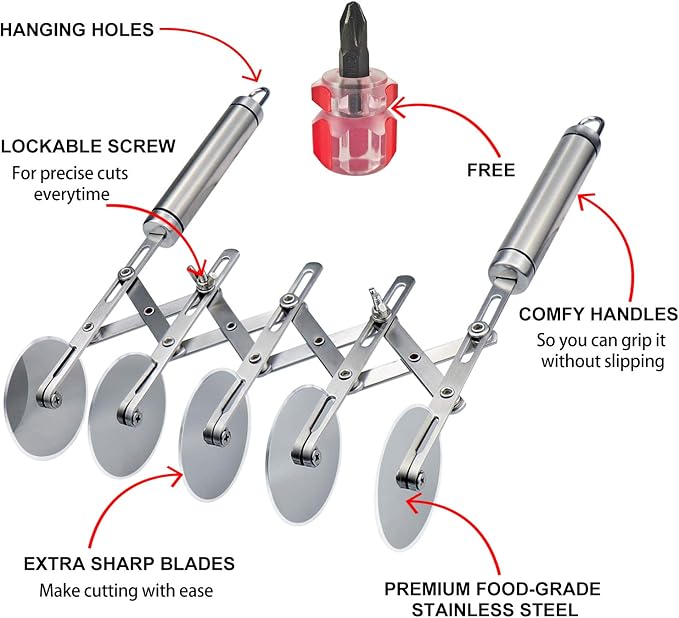 Juome 5 Wheel Pastry Cutter Stainless Pizza Slicer Multi-Round Dough Cutter Roller Cookie Pastry Knife Divider with Handle