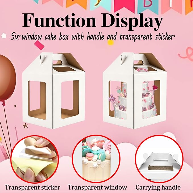 Cake Boxes - 3 Pack Tall Cake Box 12x12x14 Inch | Disposable Layer Carrier with 6 Window Large Tierd Cake Out Transport Containers with Handle for Wedding, Birthday, Party