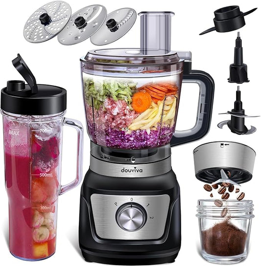 8-Cup Food Processor & Blender Combo, 1000W All-in-One Kitchen Blender for Ice Crushing, Smoothies & Dough, 24oz To-Go Cup, French Fry Cutter, Dishwasher Safe, Black