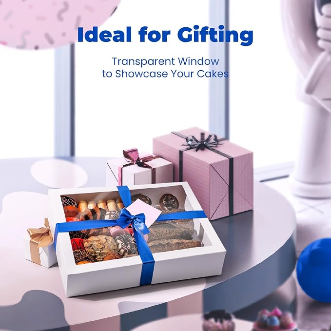 Fit Meal Prep 18 Pack 19 x 14 x 4 Inches Cake Boxes with Window, Pop-up Large Pastry Boxes, White Bakery Boxes for Pies, Donuts, Cupcakes, Perfect for Cafes, Homemade Baked Gifts