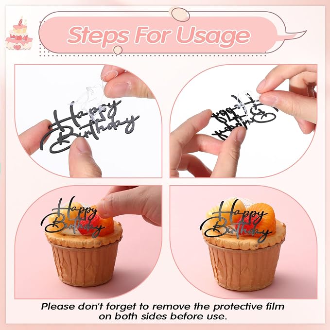 Weysat 30 Pcs Black Mirror Acrylic Cupcake Toppers Happy Birthday Cake Decorations for Birthday Party Cupcake Toppers