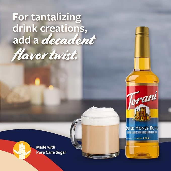 Torani Coffee Syrup, Salted Honey Butter Syrup, Flavoring for Drinks and Desserts, Glass Bottle with Pump Included, 25.4 Fl Oz