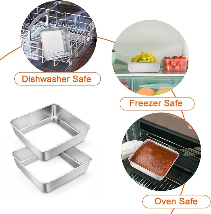 TeamFar 6 In Square Cake Pan, Stainless Steel Mini Square Lasagna Cake Brownie Pan for Baking Roasting, Non-Toxic & Sturdy, One Piece Design & Smooth, Easy Clean & Dishwasher Safe, 3 Pcs