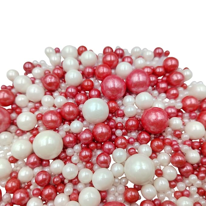 Edible White Red Sugar Pearls Candy Sprinkles 120G/ 4.23Ounce Baking Cake Sprinkles Cupcake and Cake Topper Cookie Decorations Wedding Party Valentines Halloween Christmas Supplies