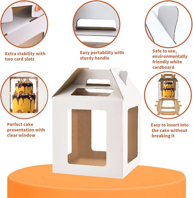 Tall Cake Boxes 6 Windows with handle,12x12x12 Tall Cake Carrier, Tiered Cake Box, Square cake box,largeTake Out Transport Containers Ideal for 10" & 12" Tiered Cakes (1Pack-White)