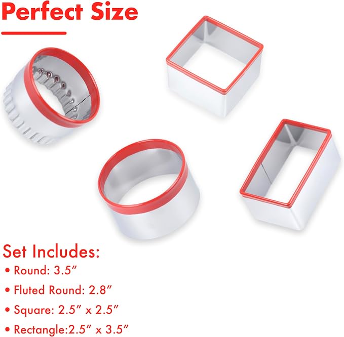 4 Pcs Cookie Cutters Set - Round, Fluted, Square and Rectangle Shapes, Food-Grade Stainless Steel for Baking Cookies, Biscuits, Scones and Sandwiches