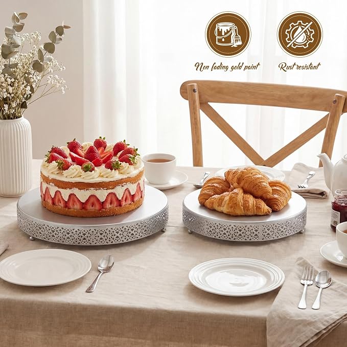 Wenqik 2 Pack Cake Stand Set, 14/16 Inch Metal Round Dessert Cupcake Stand Elegant Cake Decorative Display for Weddings Party Birthday Anniversary, Classic Floral, Silver