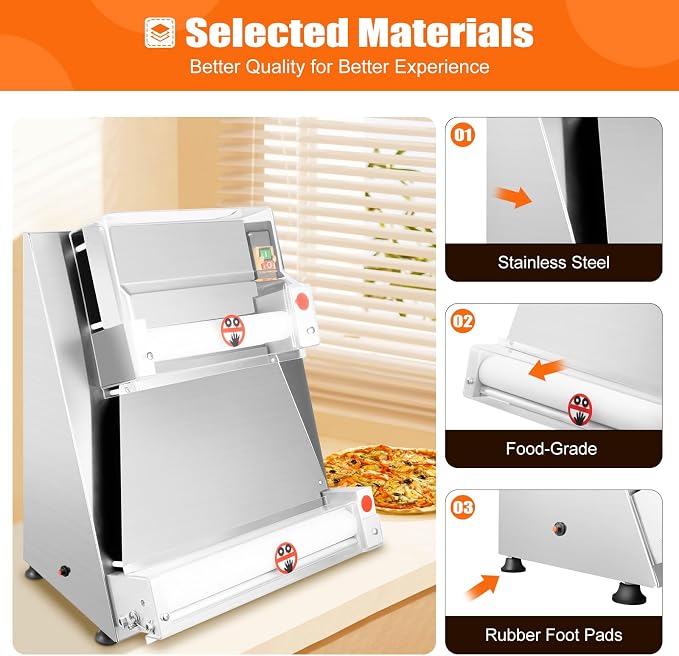 370W Commercial Pizza Dough Roller Machine, Electric Stainless Steel Dough Sheeter Adjustable 0.7-5.4mm Thickness, 3-15 Inch Automatic Dough Press for Bakery Pizzeria Restaurant Kitchen