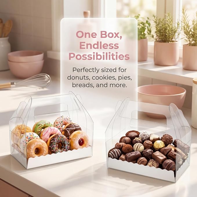 Clear Gable Bakery Gift Box,40 Pack, Handles, Party Favor | Candy Treat Boxes, Treat Dessert Cookies Container for Birthday Wedding Baby Shower, 6.4''L x 3.5''W x 3.3''H