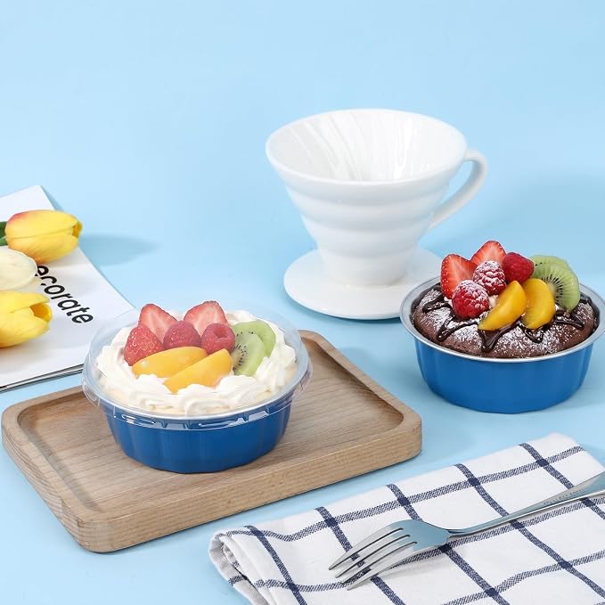 Beasea 8 oz Disposable Ramekins with Lids, 50 Pack Aluminum Cups for Baking, Aluminum Foil Baking Cups with Lids, Creme Brulee Muffin Cupcake Mini Pudding Foil Ramekin for Party Wedding - Moon Blue