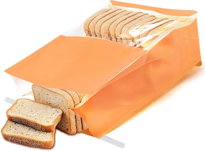 50 Pack Bakery Bags with Window - Large Reusable Cookie Bags With Seal Can Stand Upright Cookie Packaging Bag With Tin Tie Tab Lock Kraft Paper Bread Bags For Pastry,Donuts,Snacks（Orange Large)