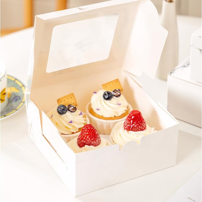 MUMULULU 14 PCS White Paper Cupcake Boxes with 4 Cavity Cookie Gift Boxes with Clear Window 4 Treat Holder Cupcake Containers Bakery Cake Box for Birthday Party Bakery Supplies