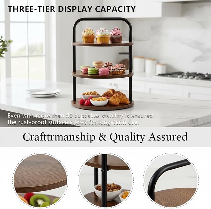 Wooden 3-Tier Cupcake Stand for 50 Cupcakes - Round Tiered Dessert Display & Serving Tray Set for Wedding, Party, Buffet Table - Rustic Cake Stand for Cookies, Fruits, Pastries