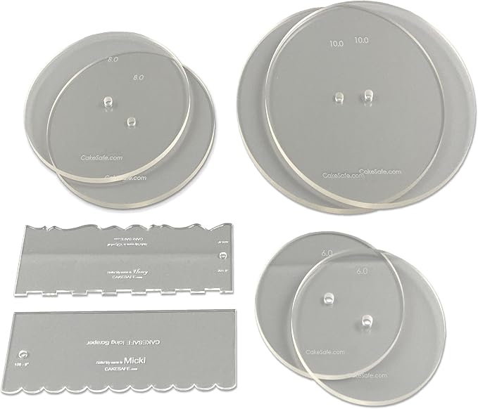 CAKESAFE Essential Cake Decorating Acrylic Disk Kit - 3 Sets - Round 6.0", 8.0", 10.0" Disk Sets (2 disks per size), 2-8" Icing Scrapers with 1 Scraper Edge and 3 Cake Comb Patterns