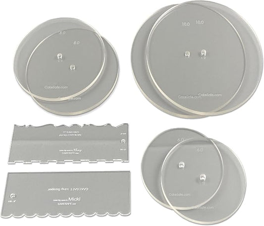CAKESAFE Essential Cake Decorating Acrylic Disk Kit - 3 Sets - Round 6.0", 8.0", 10.0" Disk Sets (2 disks per size), 2-8" Icing Scrapers with 1 Scraper Edge and 3 Cake Comb Patterns