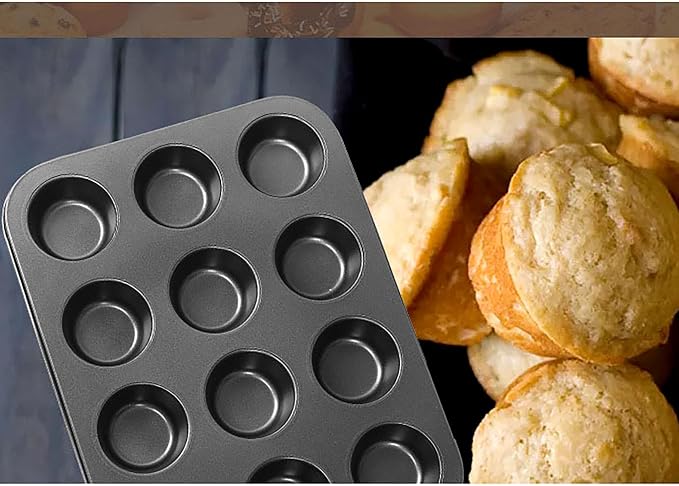 Small Carbon Steel Non Stick Coating Muffin Pan, 1 Pack Mini Size 10.5 Inch x 7.2 Inch 12 Cup Cupcake for Baking of Muffin, Cake, Doughnut and Bread (1)