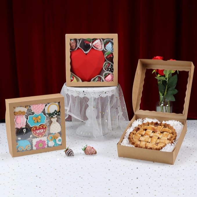 TEMLQPACK 50pcs 9x9x2.5 Inch Brown Bakery Boxes with Window, Pie, Cookies, Chocolate Covered Strawberries, Breakable Heart, Charcuterie Boxes for Christmas