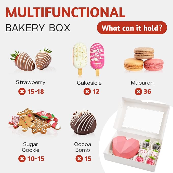 30 Pack Auto Pop-up Cookie Boxes with Window, 12" x 8" x 2.5", White | Bakery Treat Boxes, For Chocolate Covered Strawberries, Cake Pops, Donuts, Cocoa Bombs, Sugar Cookies, Pastries